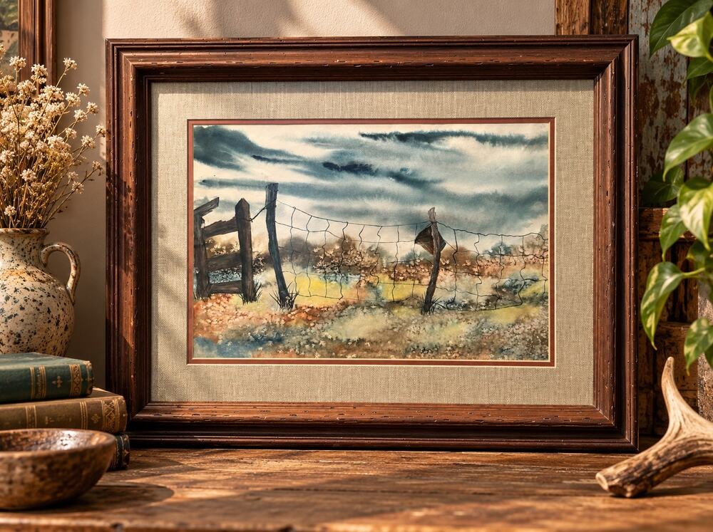 Original Watercolor Rural Fence Landscape Framed 27x20 Unsigned Vintage